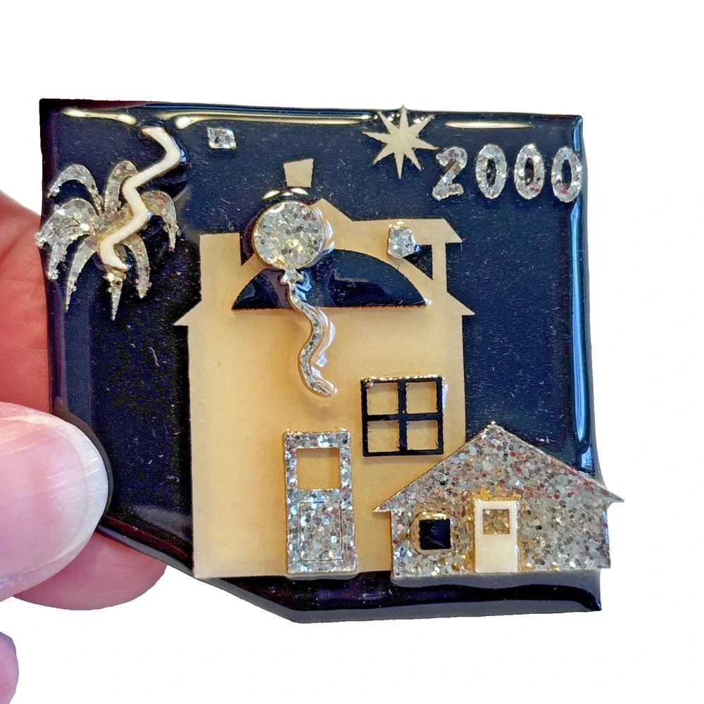 House Pins by Lucinda New Years Eve Glitter Black Cream Houses Brooch Y2K 2000